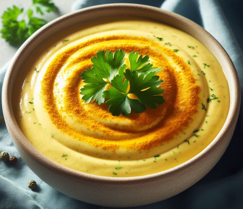 Crema de calabacín con curry y perejil por encima en un cuenco